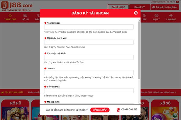 Điền các thông tin được yêu cầu tại J88 Điền các thông tin được yêu cầu tại J88